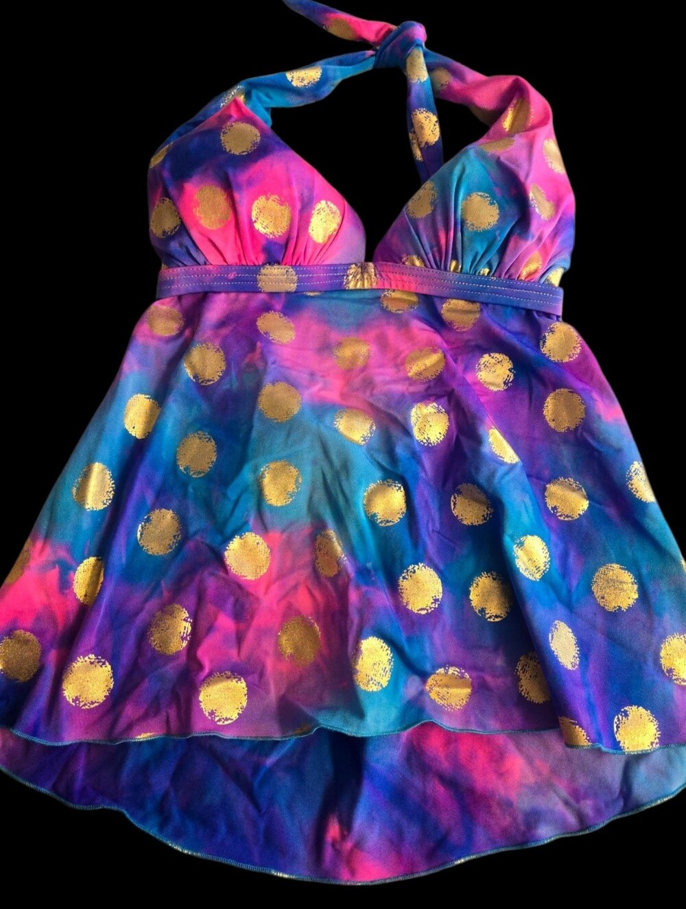 Venus Vibrant Color Halter Tankini Top with Metallic Gold Polka Dots. Size 12 US